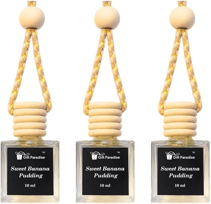 Gift Paradise® Sweet Banana Pudding Car Air Freshener Set of 3 – 10 ml Hanging Diffusers with Wooden Cap – Creamy Banana Vanilla Scent – Long-Lasting – Magnetic Gift Box