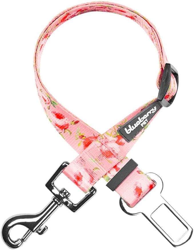 Blueberry Pet 8 Patterns Spring Scent Inspired Floral Rose Baby Pink Adjustable Dog Seat Belt Tether for Dogs Cats, Durable Safety Car Vehicle Seatbelts Leads Use with Harness