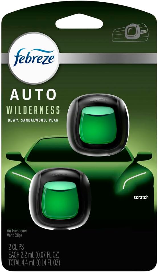 Febreze AUTO Air Freshener, Odor-Fighting Automotive Vent Clip, Scented Car Accessories, Long Lasting for Strong Odors, Wilderness Scent, 2 Count