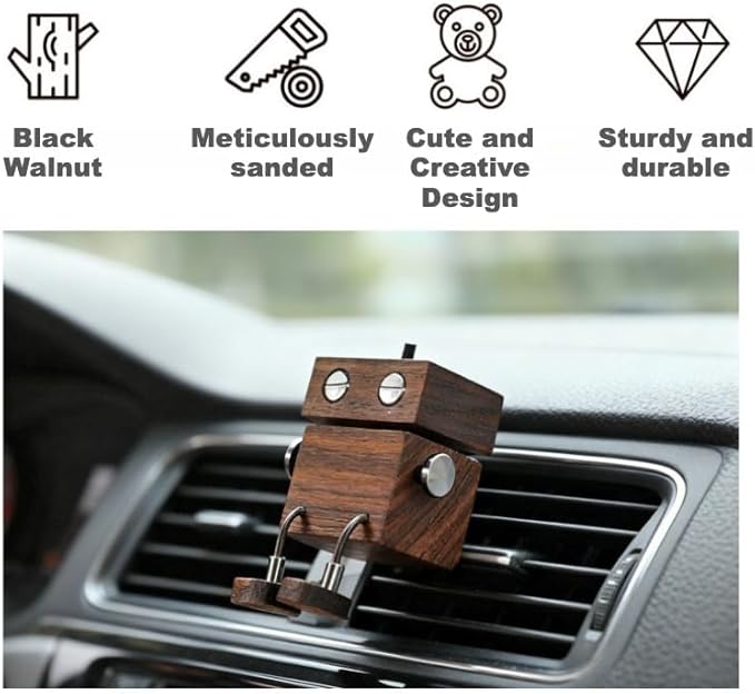 Car Air Diffuser - 2-in-1 Shaking Wooden Man Figurine & Refillable Aroma Vent Clip with 5ml Capacity, Natural Walnut Wood Essential Oil Air Freshener, Car Dashboard Decor Ornament for Driver