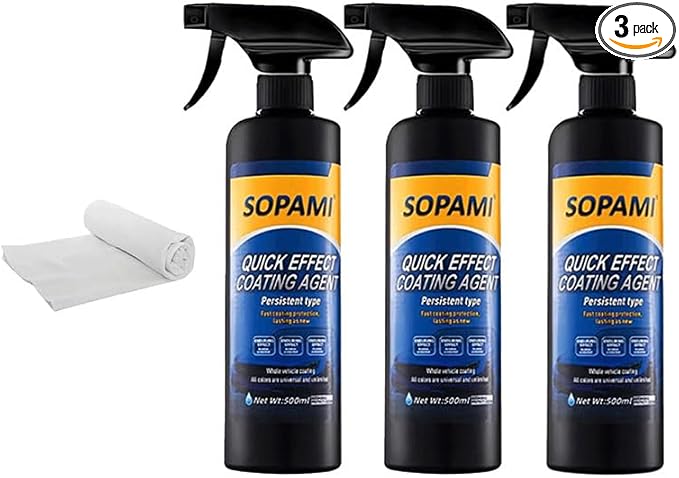 Sopami Car Coating Spray,Quick Effect Coating Agent,Quickly Coat Car Wax,Car Scratch Wax Polish Spray Waterless Wash,Oil Film Emulsion Glass Cleaner with towel (3 pcs)
