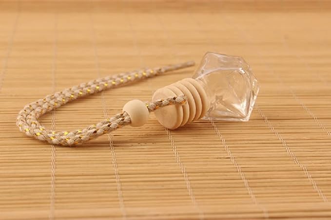 7Pcs 8ml Hanging Car Air Freshener Perfume Bottle, Refillable Aromatherapy Fragrance Clear Empty Essential Oil Diffuser Perfume Pendant Auto Ornaments Decor Accessories with Wooden Caps