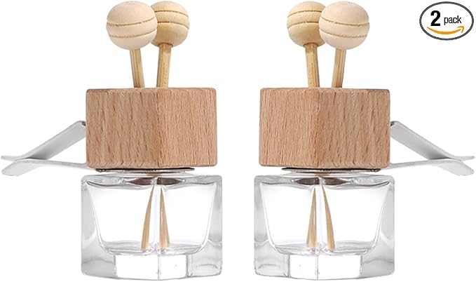 2 Pack Car Diffuser Air Freshener Bottles Refillable Empty Glass Essential Oil Diffuser with Vent Clip Wooden Sticks Universal Square Aromatherapy Diffuser for Vehicles Home
