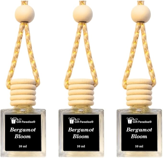 Gift Paradise® Luxury Bergamot Bloom Car Air Freshener Set of 3(10 ml) Hanging Glass Diffusers with wooden Cap, Citrus Floral Fragrance for Car, Home & Office, Long-Lasting – Premium Magnetic Gift Box