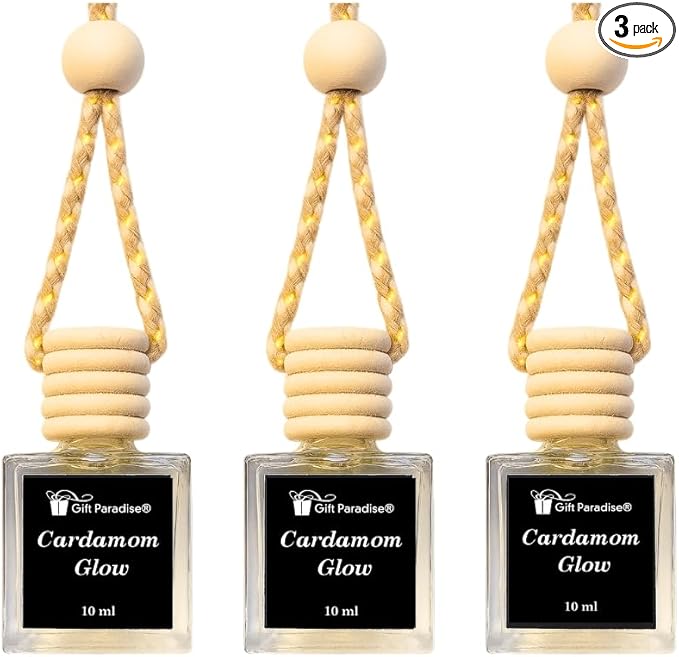 Gift Paradise® Cardamom Glow Hanging Car Air Freshener Set of 3 (10 ml Each) – Long-Lasting Fragrance Oil Diffuser for Car, Home & Office | Velvet Gift Bag Included | Holiday Gift Set