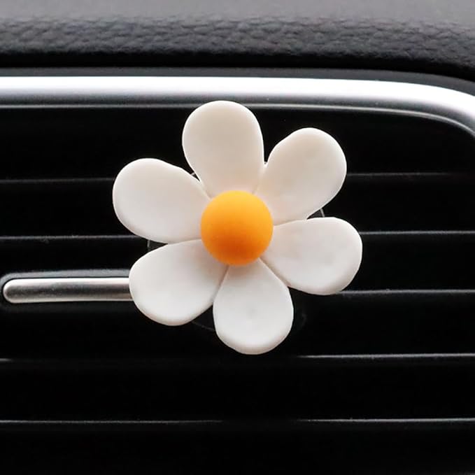 6 Pcs Daisy Flower Air Vent Clips Flower Car Air Freshener Clips Charms Air Conditioning Outlet Clip Car Inter Decor Accessories White