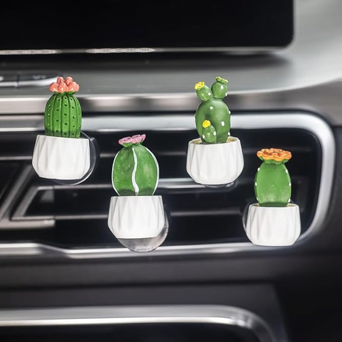 4 Pcs Cute Cactus Air Vent Perfume Clips, Resin Artificial Plant Succulents Car Air Fresheners Aromatherapy Clips, Car Interior Decoration Accessories, Gift for Men Women