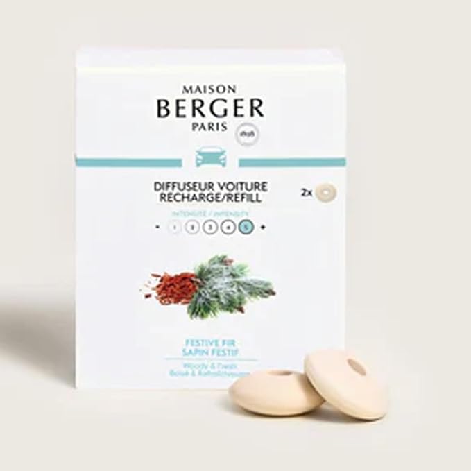 Maison Berger Luxury Car Diffuser Refill Set – Ceramic Inserts for Vent Clip Diffusers, 4-Week Passive Diffusion, Premium In-Car Fragrance Refill, Made in France (Festive Fir)