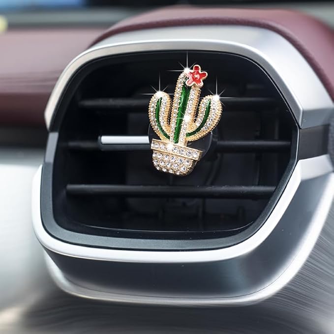 3 Pcs Bling Cactus Air Vent Perfume Clips, Rhinestone Artificial Plant Succulents Car Air Fresheners Aromatherapy Clips, Car Interior Decoration Accessories, Gift for Men Women