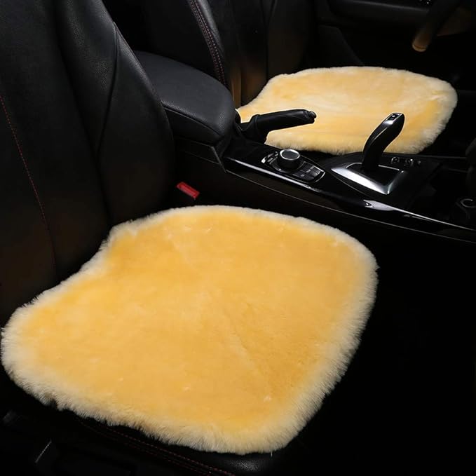 OGLAND Fluffy Genuine Australia Sheepskin Car Seat Cover for Auto Interior Accessories with Soft Fuzzy Wool Eco-Friendly Natural Fur Non-Slip (Light Yellow, Front)