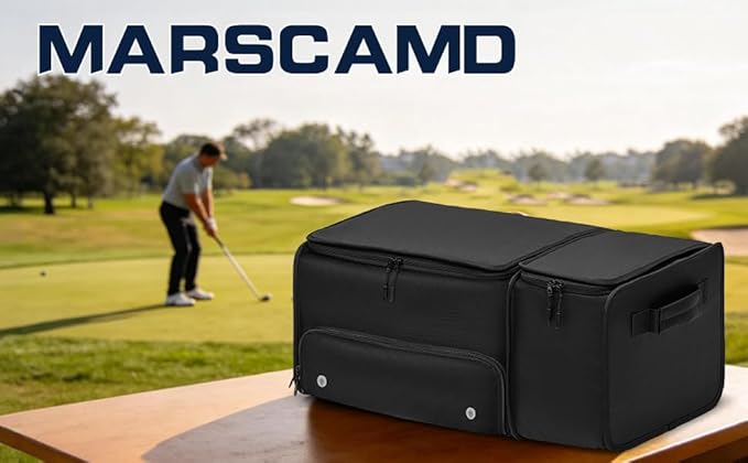 Golf Trunk Organizer with Built-in Hard Frame & Insulated Cooler Compartment, Ventilated Shoe Storage for 2 Pairs(Up to Mens US 11), Car Trunk Locker for Balls, Tees, Polos, Gloves - Black