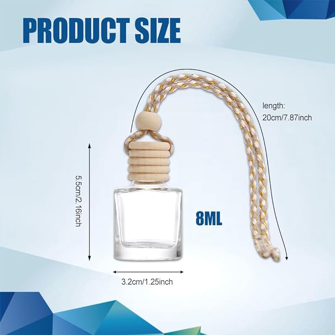 ASUBHA 20 PCS 8ml Hanging Car Air Freshener Diffuser,Empty Clear Glass Essential Diffuser Oil Aromatherapy Fragrance Perfume Pendant Glass Vials with Wooden Caps & Hanging String, Cylindrical