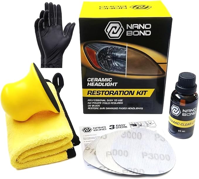Nano Bond Ceramic Headlight Restoration Kit - No Power Tools Needed, Self-Leveling Headlight Clear Coat, 3 Easy Steps, Removes Oxidation from Foggy Plastic Lenses, 30ml Bottle