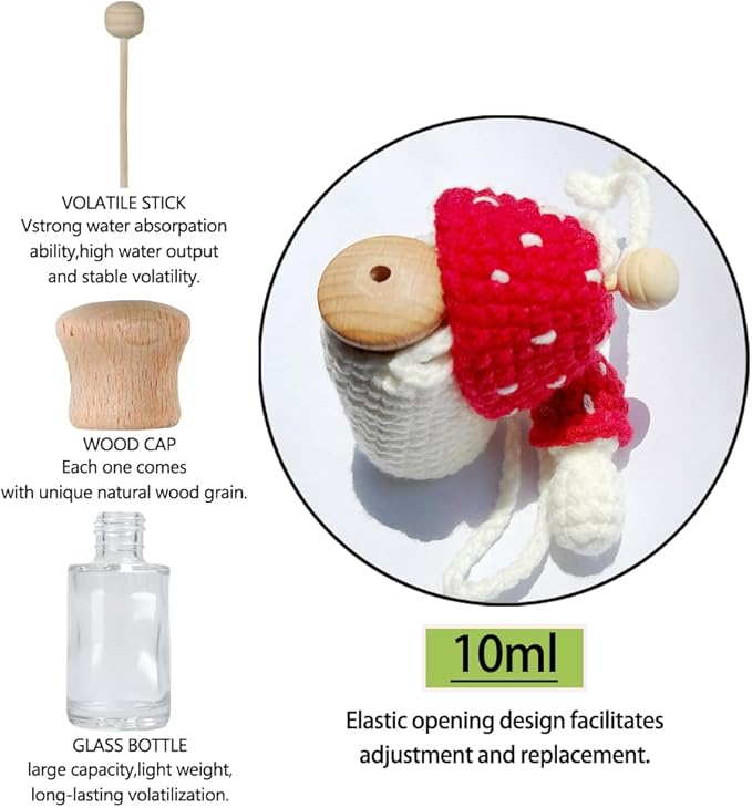 Cute Car Air Freshener Hanging Crochet Car Accessories, Cute Cars Fresheners for Women, Crochet Plant Rear View Mirror Accessories, Red Mushroom