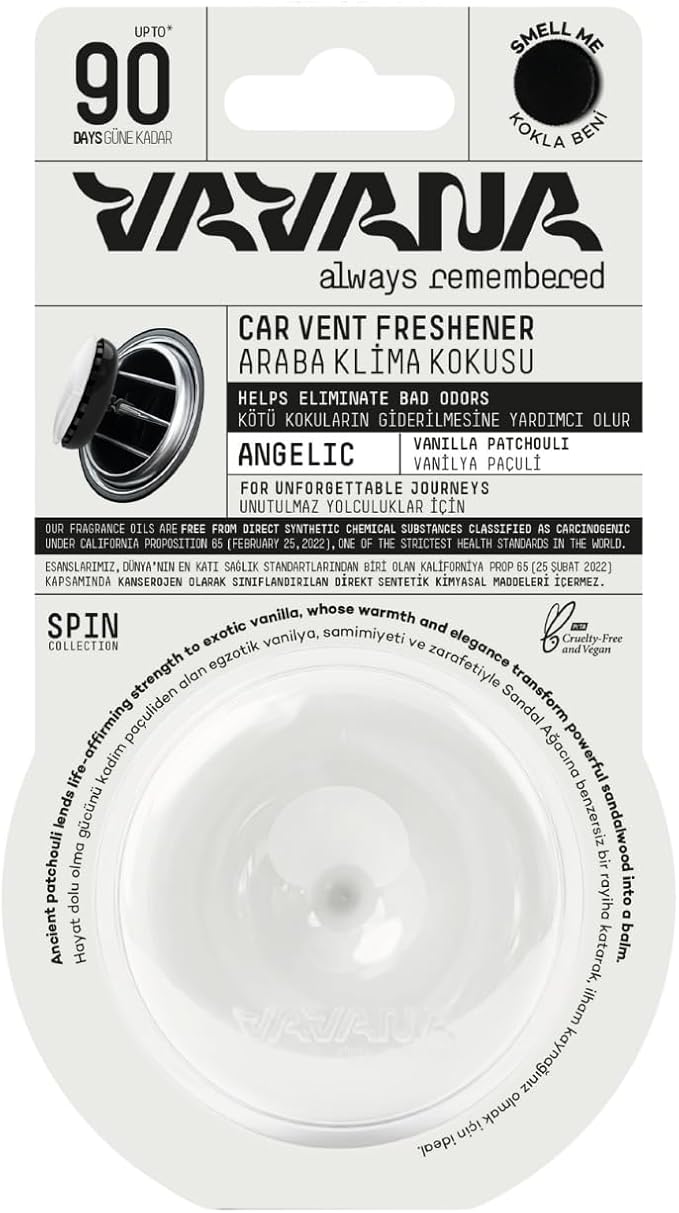 SPIN Car Air Freshener Vent Clip – ANGELIC VANILLA PATCHOULI, Solid Scent Technology, Essential Oil Car Fragrance, Liquid Free (2 Pack)