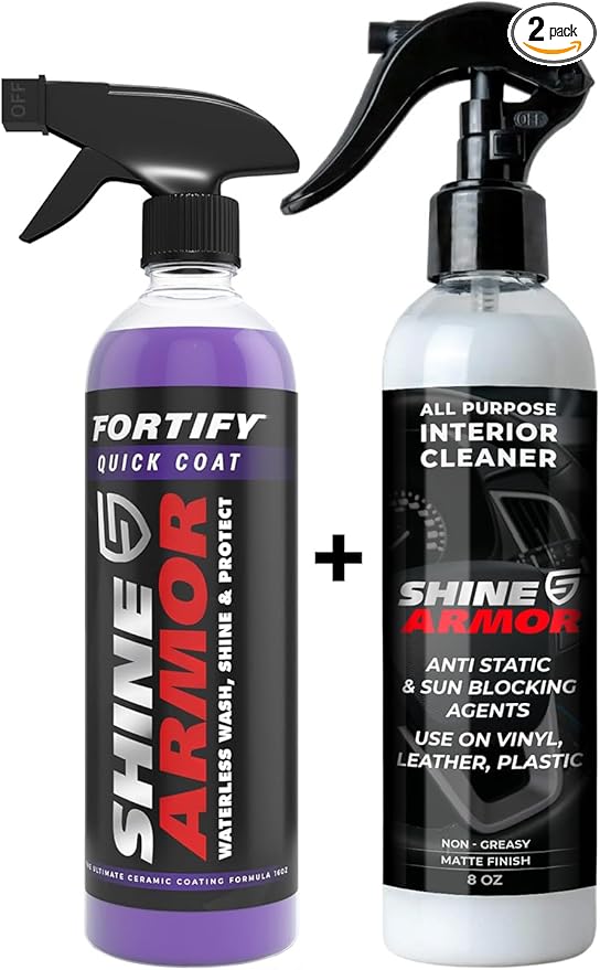 SHINE ARMOR Car Detailing Bundle - Fortify Quick Coat Ceramic Waterless Wash & Interior Cleaner - Complete Automotive Care Kit for Mirror Shine Paint Protection & Deep Interior Cleaning - 2 Pack