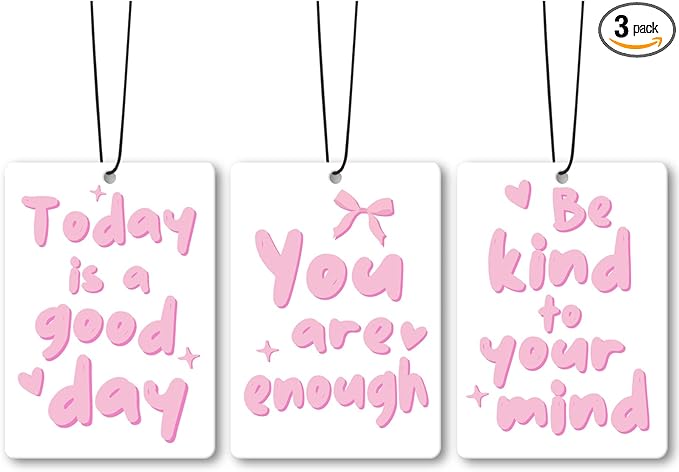 Pink Inspirational Girls Car Air Freshener Accessories 3pcs, Preppy Hanging Air Fresheners Decor for Girly Room Closet Bathroom, Positive Car Scent Lavender Fragrance Card for Women Drawer