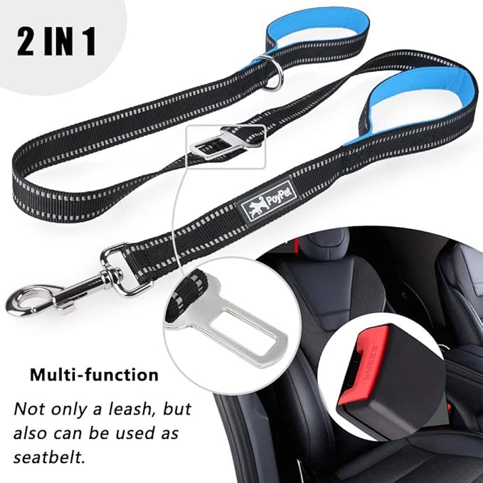 PoyPet 5 Feet Dog Leash - 3M Reflective - 2 Cushioned Handles - Functional Car Seat Belt(Blue)