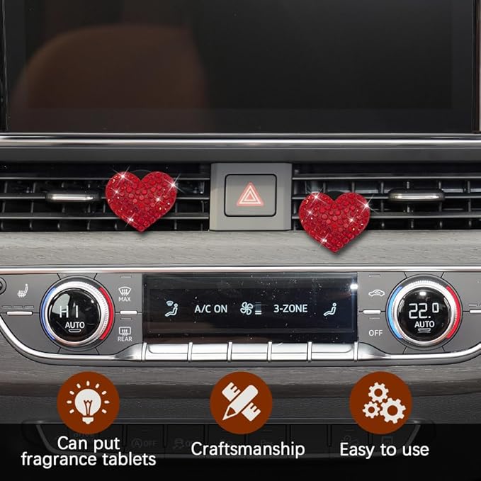 2PCS Heart-Shaped Car Vent Clip with Rhinestone, Car Vent Accessory, Bling Heart Charm Air Conditioning Outlet Clip, Auto Diffuser Air Freshener Charm for Women Girls (Red, Heart)