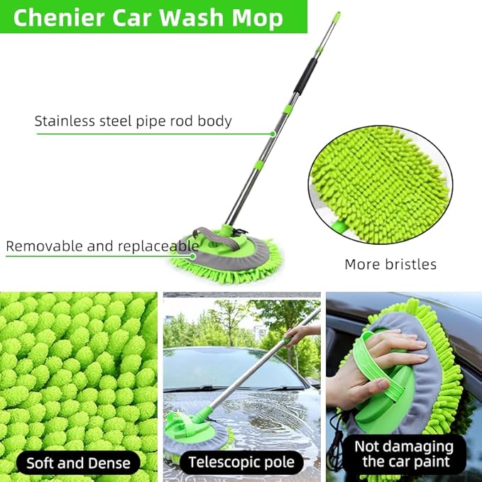 62" Car Wash Brush Kit Mitt Mop Sponge with Long Handle, Chenille Microfiber Car Cleaning Brush Kit, Windshield Window Squeegee, Car Care Kit of Scratch-Free Replacement for Cleaning Car, RV, Truck