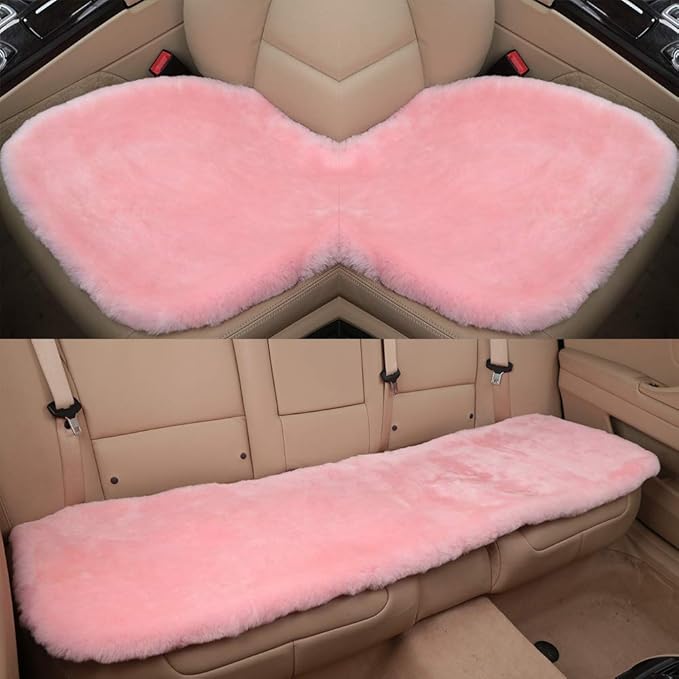 OGLAND Fluffy Genuine Australia Sheepskin Car Seat Cover for Auto Interior Accessories with Soft Fuzzy Wool Eco-Friendly Natural Fur Non-Slip (Pink, Back)