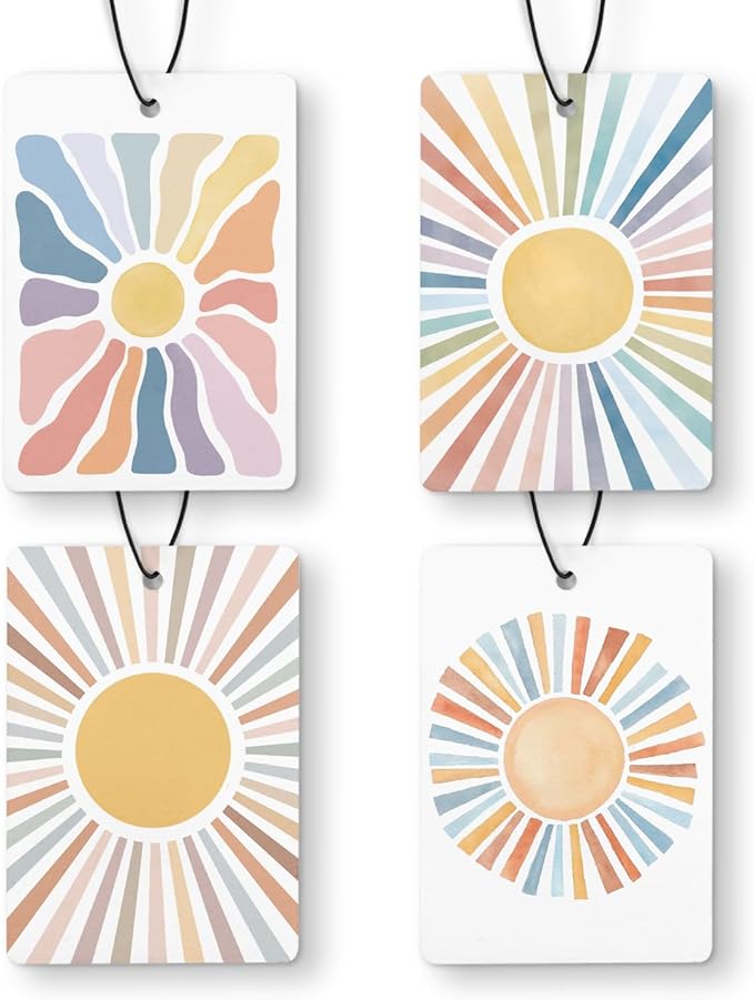 Boho Colorful Sun Car Air Freshener 4 Pcs, Watercolor 70s Retro Groovy Sunshine Hanging Air Freshener for Cars Closet Drawer Books, Cute Girly Car Accessories for Women Girls