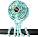 Portable Stroller Mini Fan, Small Rechargeable Personal Fan, Travel Essentials for Baby, Wagon, Car Seat, Treadmill, Battery Powered Biking Gear Accessories, 360° Rotation, 3-Speed, Display, Aqua