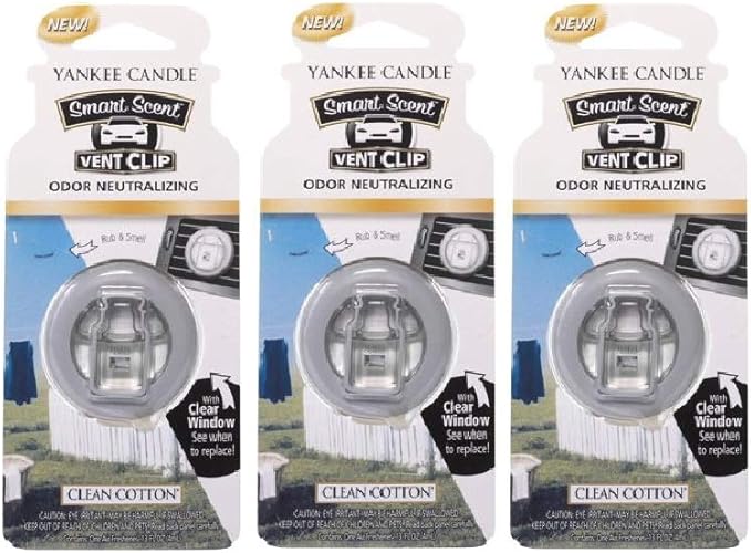 Yankee Candle Smart Scent Vent Clip Odor Neutralizing Car Air Freshener, Clean Cotton, 3 Packs