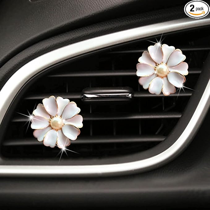 2 Pieces Daisy Flower Air Vent Clip Cute Car Air Freshener Clip Bling Pearl Car Air Outlet Decorations Charm Car Inter Decor Accessories for Girls Women