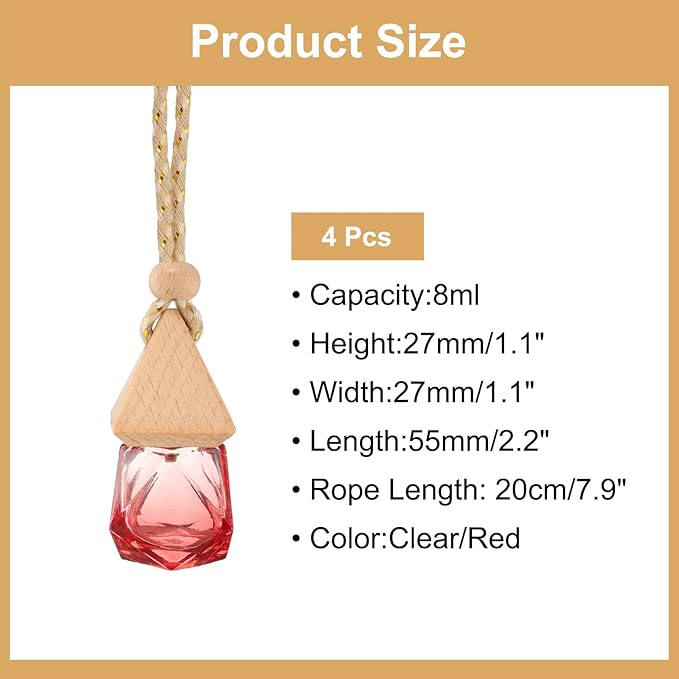 uxcell 4pcs Hanging Car Air Freshener Perfume Bottle, 8ml Pendant Empty Clear/Red Glass Essential Oil Aromatherapy Diffuser with Wooden Cap for Car Decor (Clear/Red, Rhombus)