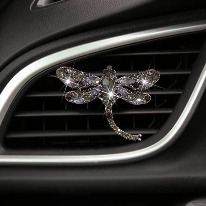 4Pcs Bling Rhinestone Crystal Dragonfly Air Freshener Vent Clips,Cute Car Air Fresheners Vent Clips Accessories,Refillable Car Diffuser, Glamorous Auto Decor (Grey)