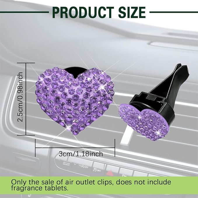 2PCS Bling Heart Air Vent Clips, Heart Car Accessories, Bling Heart Charm Air Conditioning Outlet Clip, Car Interior Decor Air Fresheners Vent Clips Universal Fit for Women and Girls (Purple)