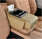 Car Center Console Cover, Memory Foam Nappa Leather Vehicle Armrest Cushion with Tissue Box, 2 Storage Bag & Holder, Automotive Arm Rest Protector Accessories, Universal Fit (Beige)