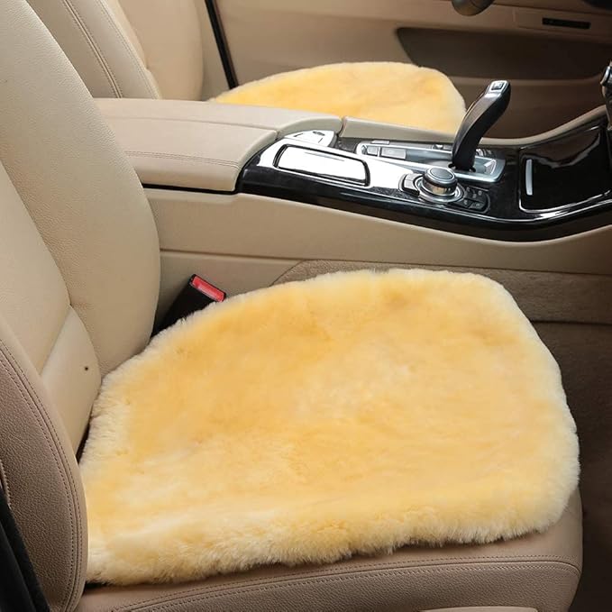 OGLAND Fluffy Genuine Australia Sheepskin Car Seat Cover for Auto Interior Accessories with Soft Fuzzy Wool Eco-Friendly Natural Fur Non-Slip (Light Yellow, Front)