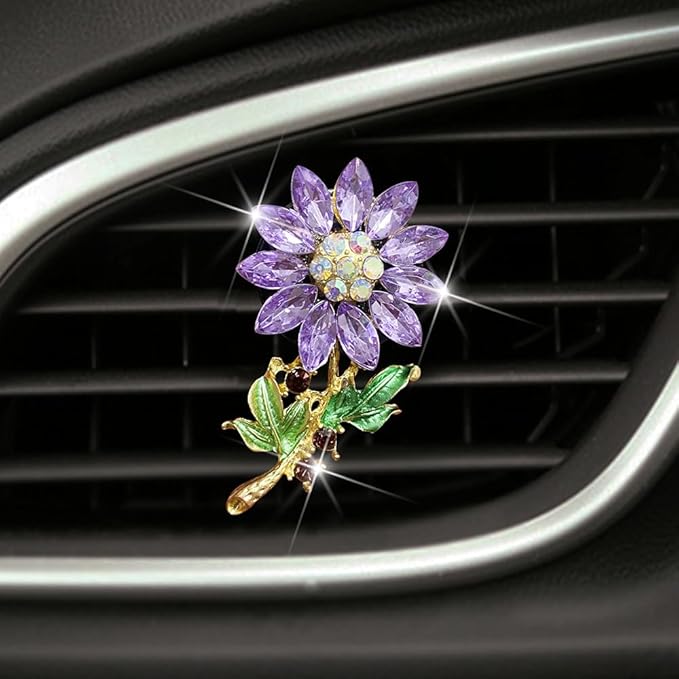 Bling Sunflower Air Vent Clips, Sunflower Car Air Fresheners Vent Clips Car Diffuser Diamond Car Decoration Rhinestone Car Interior Decor (Purple)