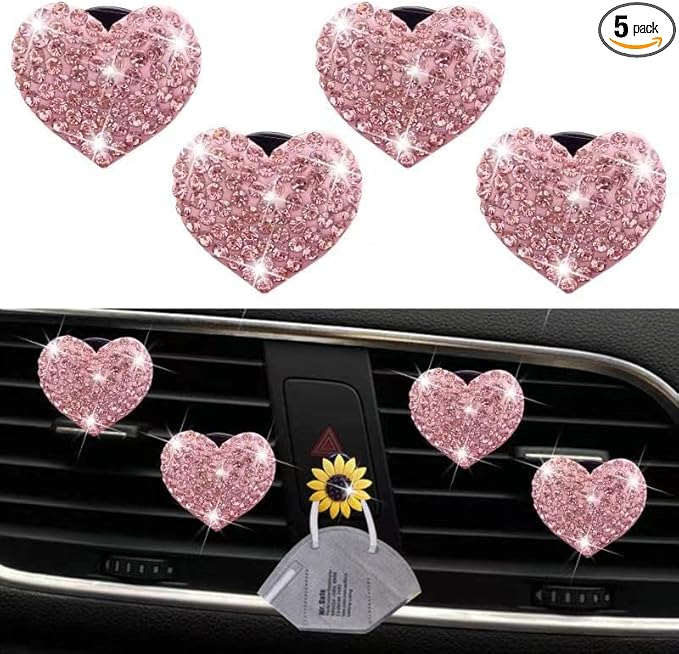 Bling Heart Air Vent Clips, Crystal Heart Car Air Fresheners Vent Clips Diffuser Vent Clip Rhinestone Car Decoration Interior Decor Cute Accessories for Women (Pink) + Sunflower Mask Hook