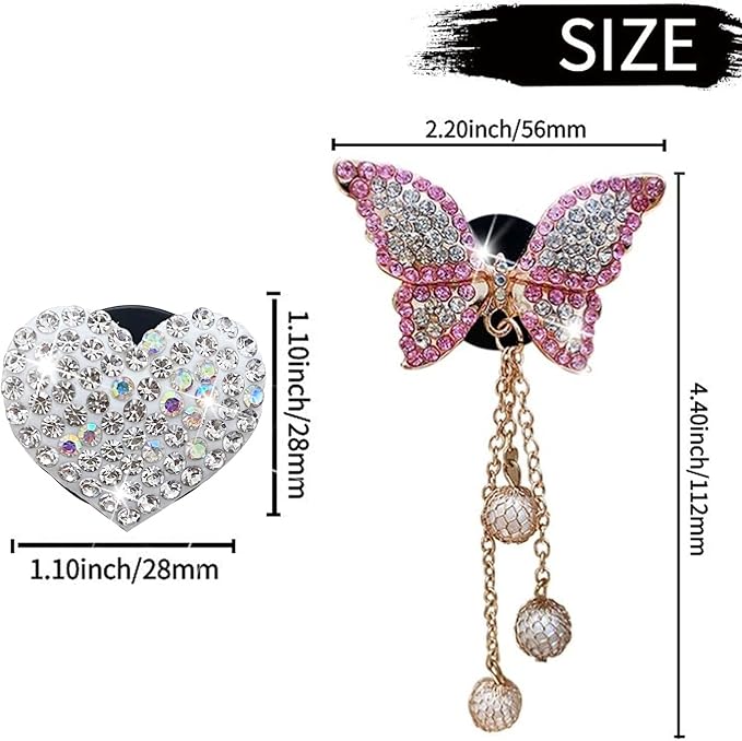 Bling Butterfly Heart Air Vent Clips, 4 Pcs Pink Car Air Fresheners, Diffuser With Diamond Decoration, Cute Interior Decor Accessories for Women