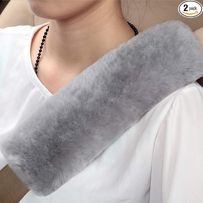 OGLAND Authentic Sheepskin Car Seat Belt Pad,2 Pack Soft Seat Belt Cover for Shoulder Pad Neck Cushion Protector Car Accessories by Genuine Natural Merino Wool (Misty Gray)