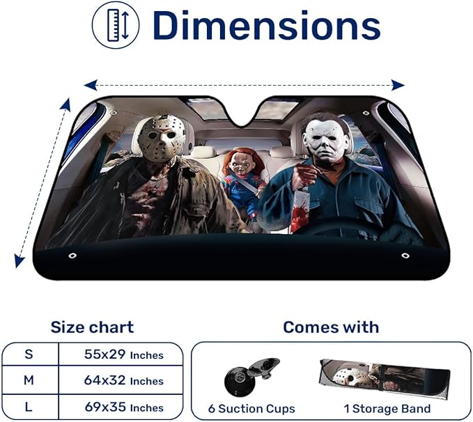 GENANY Horror Movie Character Windshield Sun Shade for Car SUV Truck (64x32 inches), Sun Shade Windshield for Windows, Protector Blocks UV, Halloween Car Decor