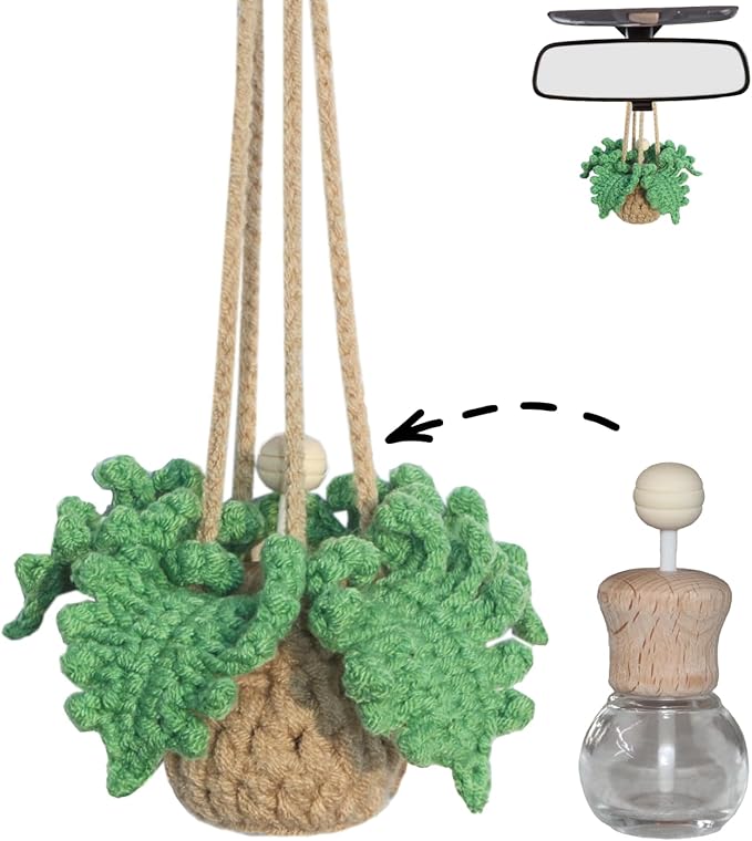 Handmade Crochet Car Air Freshener - Adorable Bendable Fern Plant with 8ml Empty Refillable Oil Diffuser Bottle, Suitable for Car Rearview Mirror Hanging, Home & Office Decor