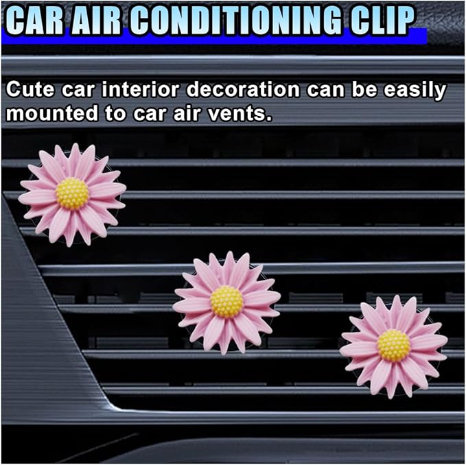 3PCS Daisy Flower Car Dashboard Air Vent Trim Clip, Cute Daisy Air Conditioner Outlet Clip Car Charm for Women, Car Air Vent Clip Auto Interior Decoration for Girls Present (Pink)