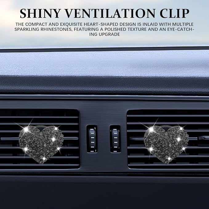 4PCS Heart-Shaped Car Vent Clip with Rhinestone, Vent Clip Car Accessories, Sparkly Rhinestone Bling Diamond Freshener Holder, Air Conditioning Outlet Ornament for Women Girls (Black, Style1)