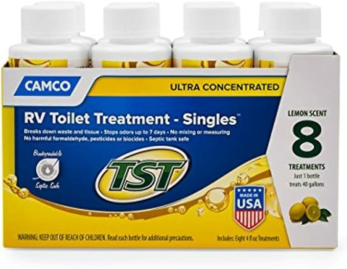 Camco TST MAX RV Toilet Treatment - Formaldehyde Free - Breaks Down Waste And Tissue - Septic Tank Safe - Treats up to 8-40 Gallon Holding Tanks -Lemon Scent, (8) 4 oz Bottles (41571)