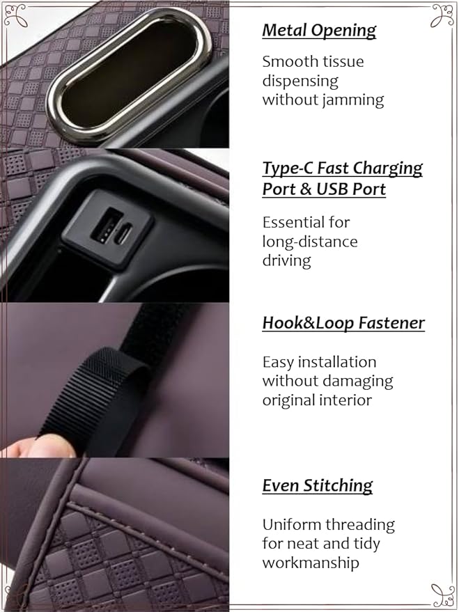 2026 Enhanced Car Center Console Armrest Cushion with USB& Type-C Charging, PU Leather Console Pad with Cup Holders, Storage& Tissue Outlet for Most Vehicles (Sloped Version, Plum Purple)
