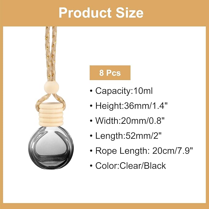 uxcell 8pcs Hanging Car Air Freshener Perfume Bottle, 10ml Pendant Empty Clear/Black Glass Essential Oil Aromatherapy Diffuser with Wooden Cap for Car Decor (Clear/Black, Round)