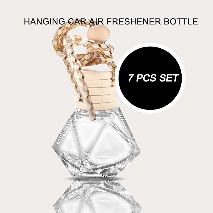 7 PCS MINI Cute Glass Bottle with Suspended Wooden Cover and Plastic Dropper,Car Air Freshener Perfume Bottle,Empty DIY Bottle Décor