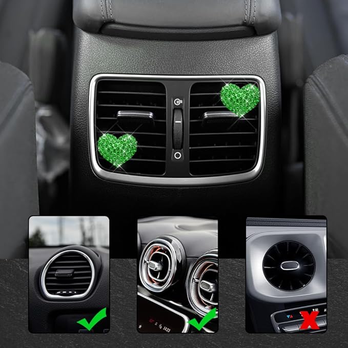 4PCS Bling Heart Air Vent Clips, Car Air Freshener for Women, Air Fresheners Diffuser Clip Charm, Car Air Conditioning Outlet Clip Decorative Accessory for Women Girls (Green, Style1)