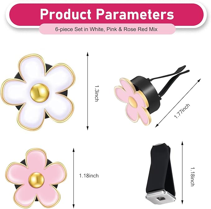 6PCS Car Air Vent Clips, Colorful Daisy Flower Auto Air Conditioning Outlet Clip, Cute Car Clip Interior Air Vent Decoration, Universal Girly Cars Interior Accessory for Women(Red Pink Black)