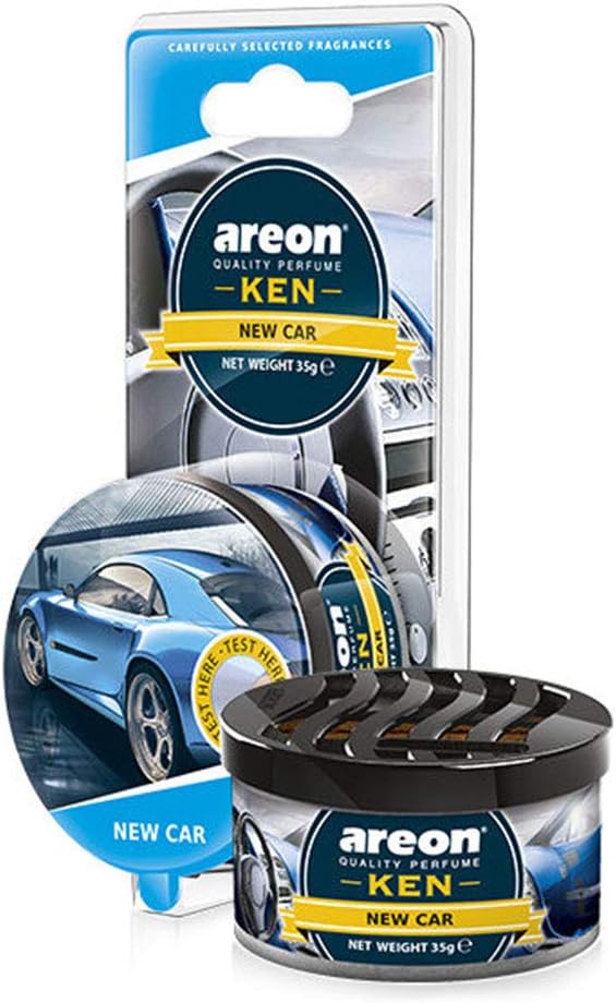 AREON Ken Car Air Freshener - New Car Scent, Long-Lasting Fragrance - Portable Fragrant Deodorizer with Adjustable Odor Output - Automobile Accessories & Essentials - 1.23 Oz. Cans