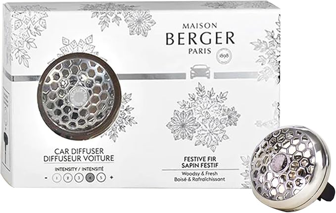 Maison Berger Car Diffuser Set – Refillable Vent Clip, Ceramic Refill, Made in France - Luxury Auto Scent - 4-Week Diffusion - Elegant Air Freshener for All Car Vents (Festive Fir)